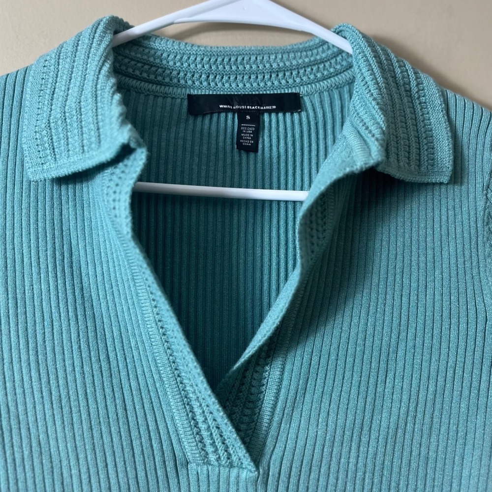 White House Black Market Teal Ribbed Knit Polo Top Size S Preppy Chic Workwear - Picture 7 of 10